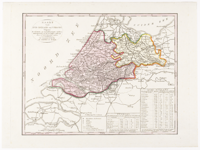 203132 Kaart van de beide provincies Zuid-Holland en Utrecht; met legenda, opgave van inwonersaantallen en afstandentabel.
